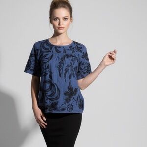 🍒 MADEWELL Blue black Embroidered Short sleeve Botanical Top Blouse size Small